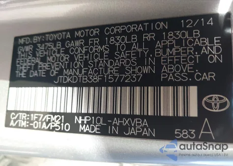 2015 Toyota Prius C Two from USA, damaged, VIN JTDKDTB38F1577237